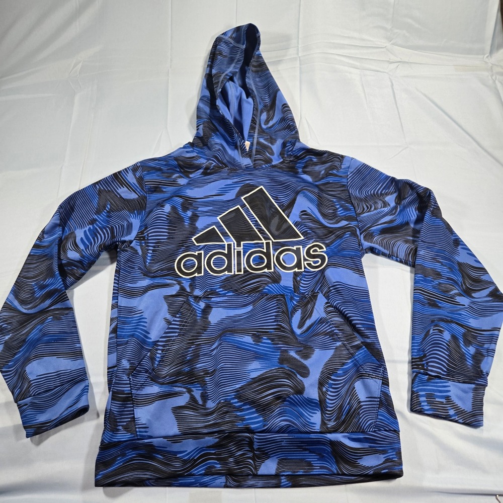 Adidas Mens Blue Black Wavy Camo Logo Hoodie Pullover Sweatshirt Size L 14/16